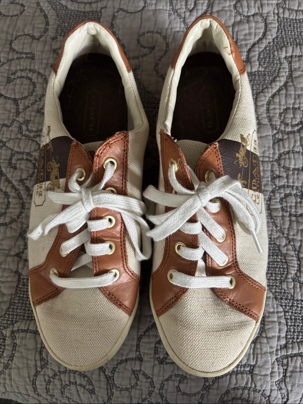 Coach Cream Canvas Sneakers with Tan Leather Trim - Picture 2 of 6